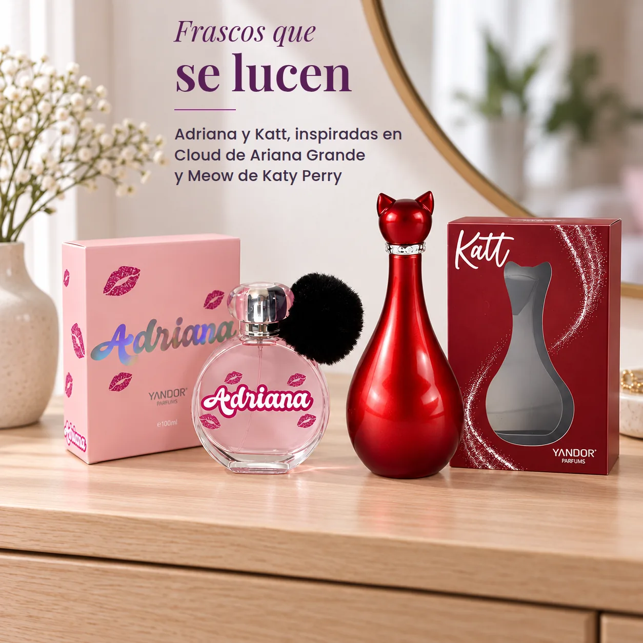 Perfumes Adriana y Katt con sus estuches sobre un tocador, con el título Frascos que se lucen