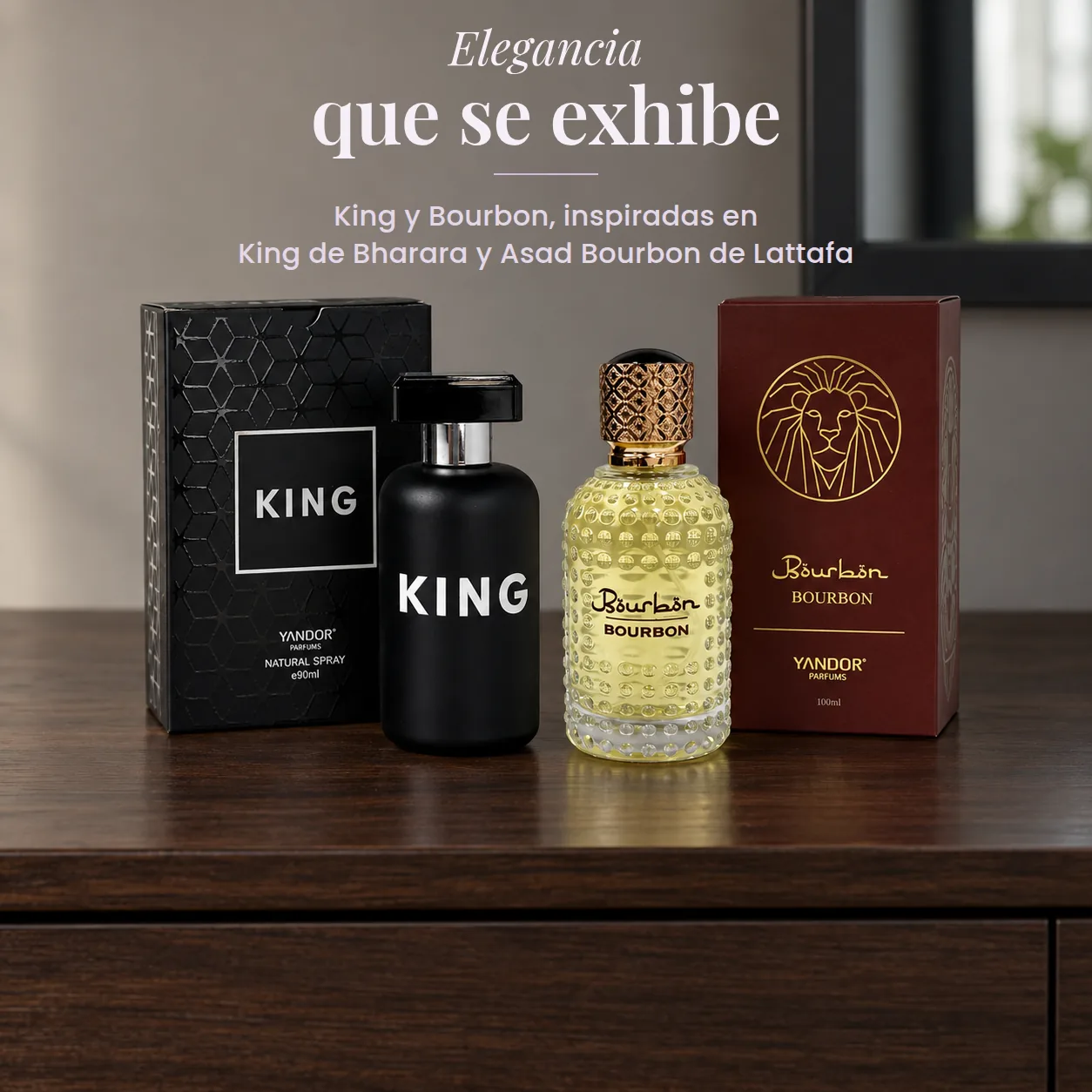 Perfumes King y Bourbon con sus estuches, con el título Elegancia que se exhibe
