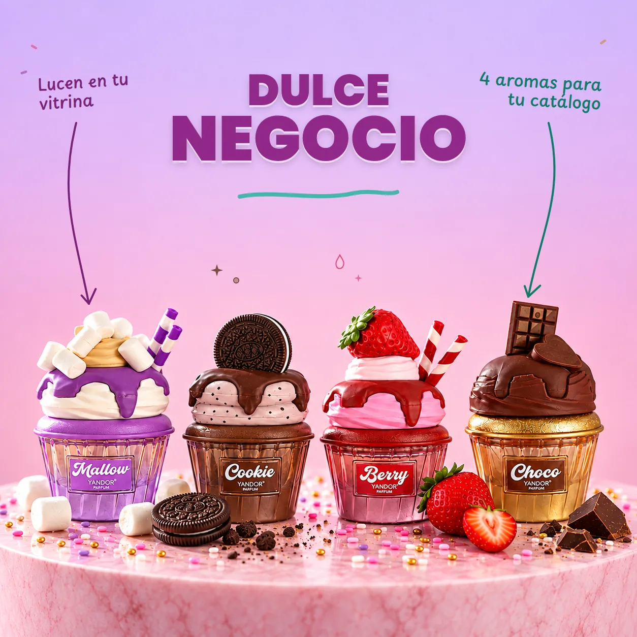 Perfumes Mallow, Cookie, Berry y Choco con frasco de cupcake, con el título Dulce negocio