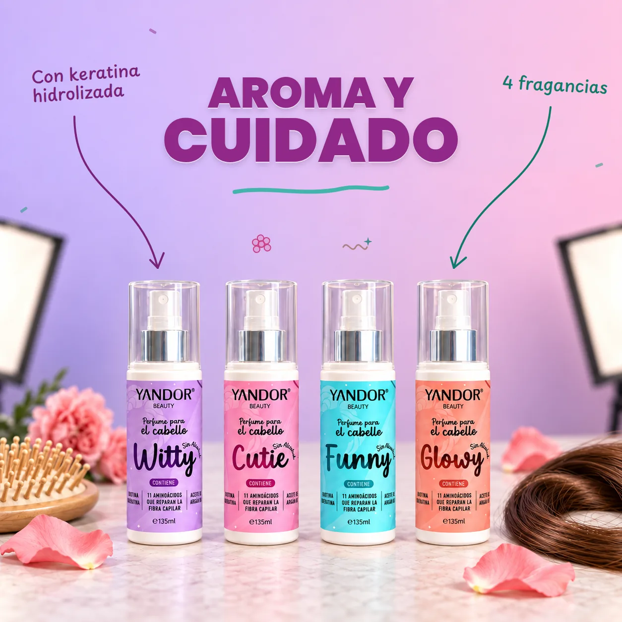 Perfumes para el cabello Witty, Cutie, Funny y Glowy, con el título Aroma y cuidado